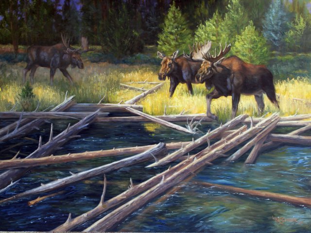 leslie kirchner, leslie kirchner art, leslie kirchner artist, western art, western artist, western painting, wildlife art, wildlife artist, wildlife painting, nature art, nature artist, moose, moose painting, moose and cow, moose and cow art, bull moose, 