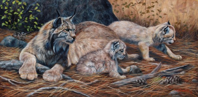 leslie kirchner, leslie kirchner art, leslie kirchner painting, wildlife art, wildlife artist, wildlife painting, western art, western artist, western painting, nature art, nature artist,lynx painting, wildcat, wild cat art, lynx, lynx art,lynx and cubs